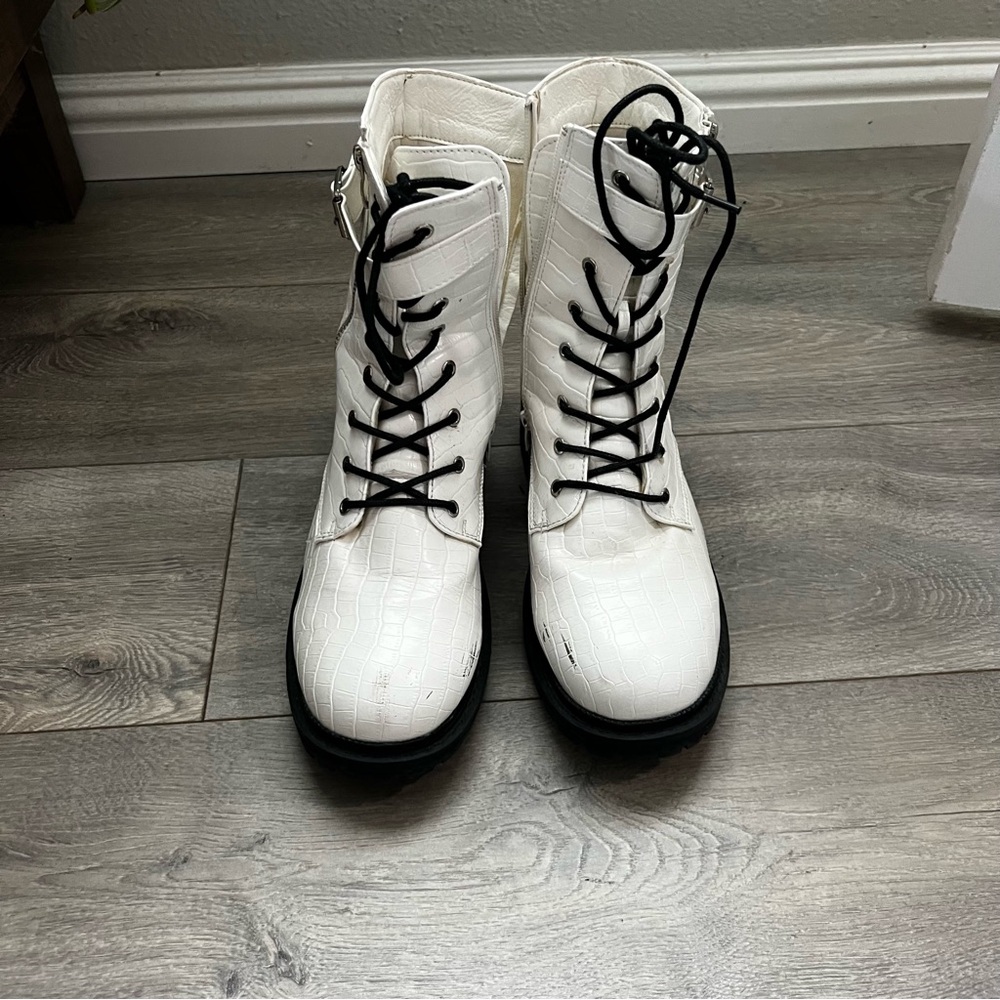 Catherines White and Black Combat Moto Boots